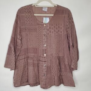 Color Me Cotton Flare Sleeve Floral Top Size L Button-up Ruffle Hem Shirt NEW